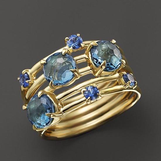 Vintage Layered Blue Crystals Gold Ring