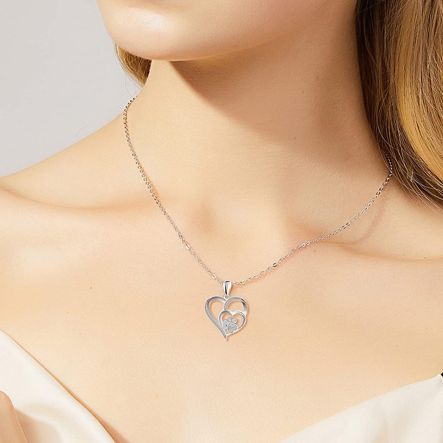 Sterling Silver Paw & Heart Necklace with Zirconia