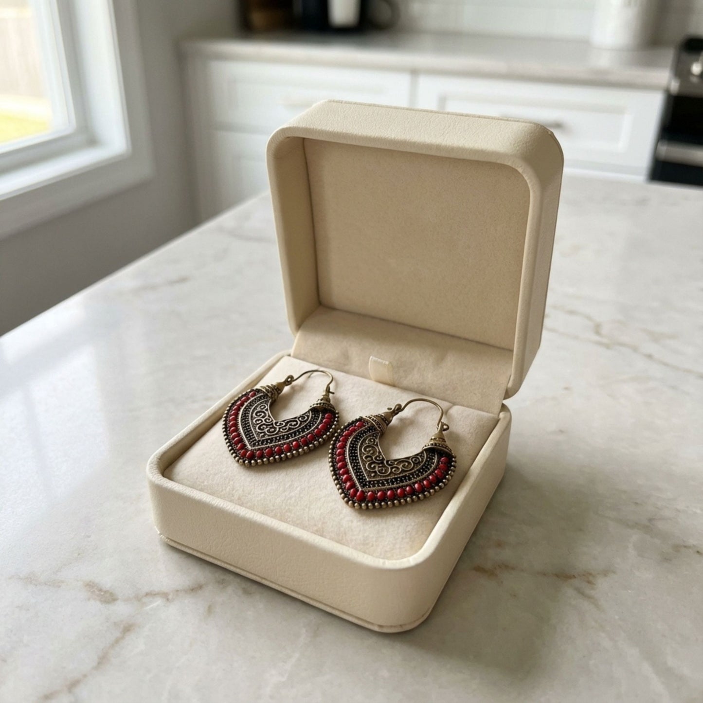 Vintage Gold & Red Tribal Hoop Earrings