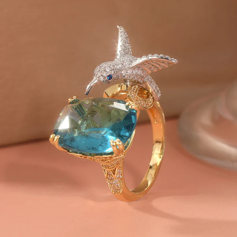 Adjustable Aquamarine-Color Hummingbird Ring – 14K Gold Plated