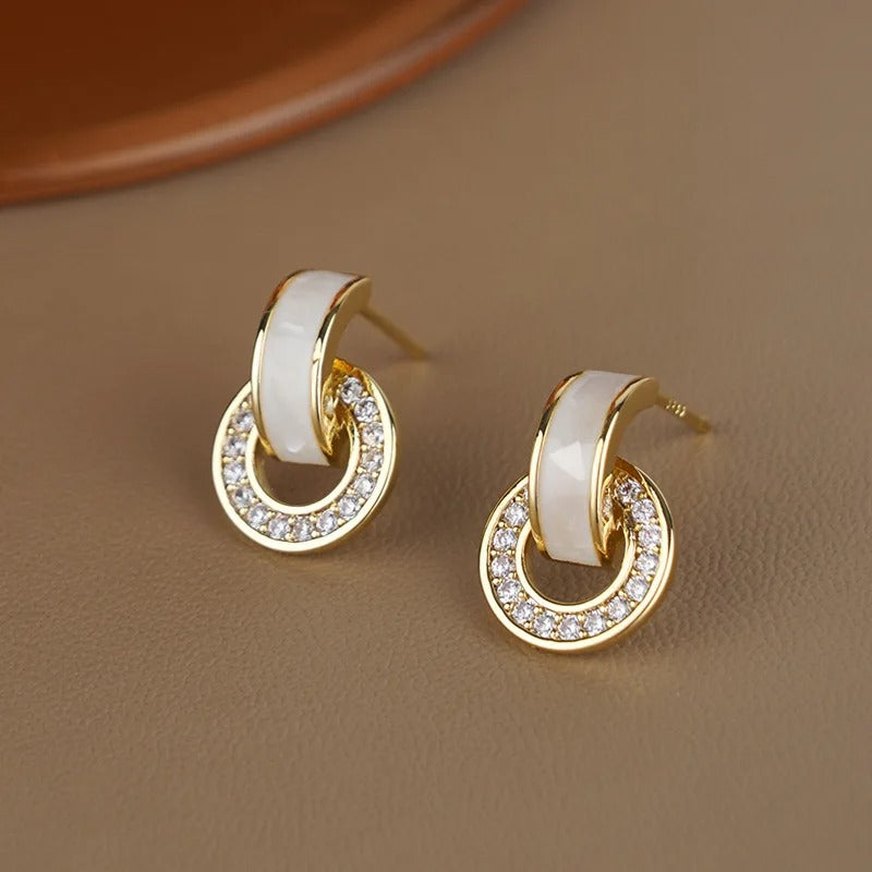Gold & White Sparkling Crystal Hoop Earrings-Lydieannejewelry
