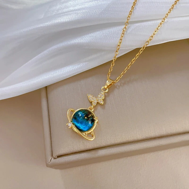 Vintage Gold Planet & Butterfly Pendant Necklace-Lydieannejewelry