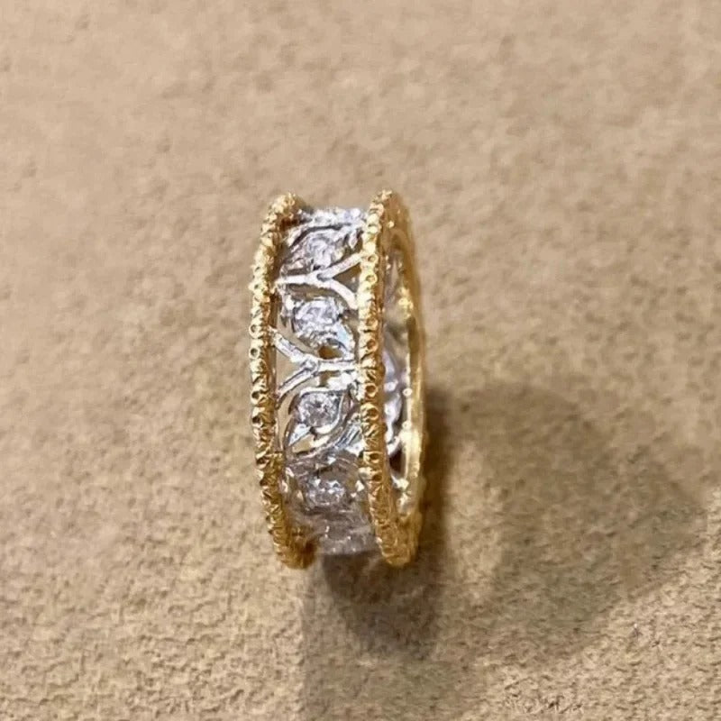 Classic Gold & Silver Carved Diamond Leaf Adjustable Ring-Lydieannejewelry