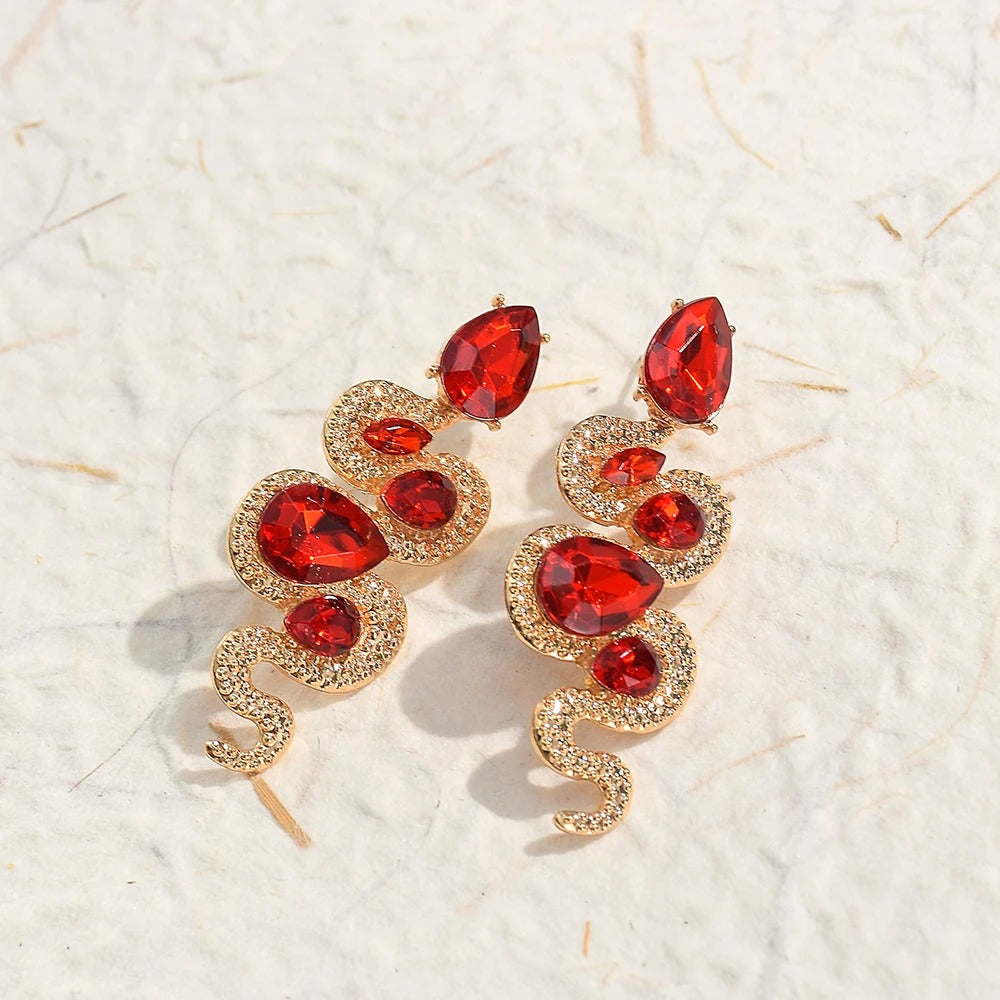 Vintage Red Snake Crystal Gold Earrings-Lydieannejewelry