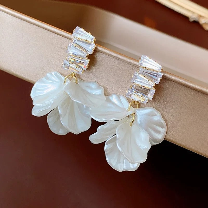 Sparkling Crystal Top Pearl Petal Earrings-Lydieannejewelry