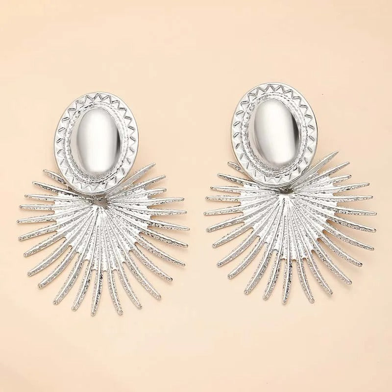 Silver Radiant Sunburst Pattern & Oval Shape Earrings-Lydieannejewelry