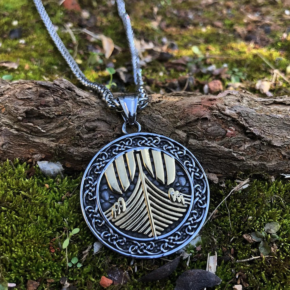 Engraved Nordic Ship Pendant Necklace-Lydieannejewelry