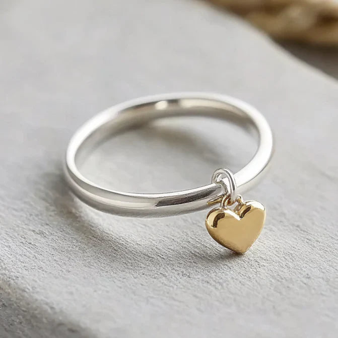 Vintage Dangling Gold Heart Silver Ring