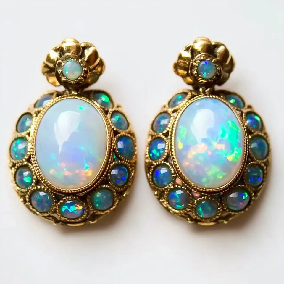 Vintage Blue & White Opal Rounded Earrings