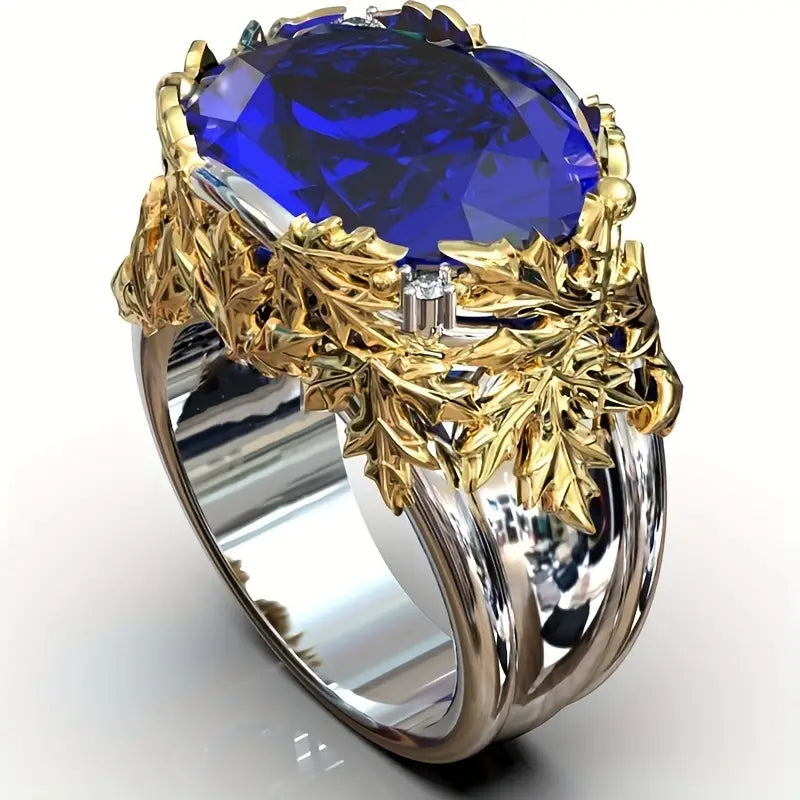 Vintage Blue Glass Golden Leaf Silver Ring-Lydieannejewelry