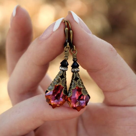 Vintage Red Glass Drop Earrings-Lydieannejewelry