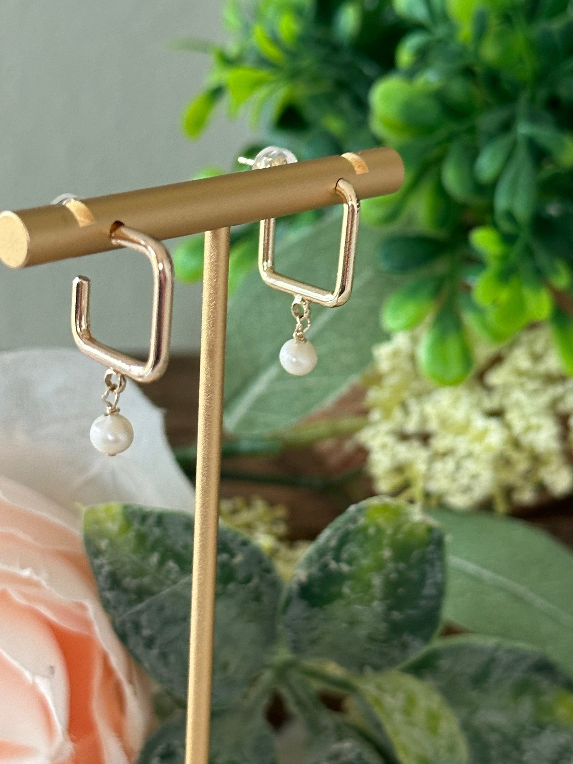 Dalila Square Hoop Pearl Earrings-Lydieannejewelry