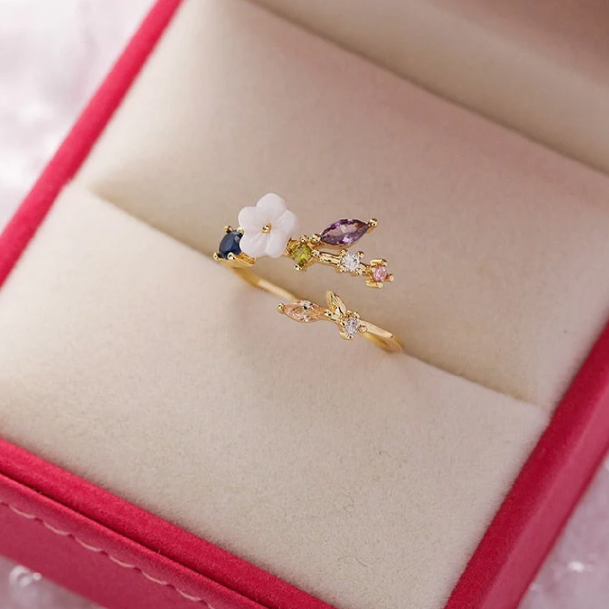 Wildflower with Colorful Zirconia Adjustable Ring in Gold-Lydieannejewelry