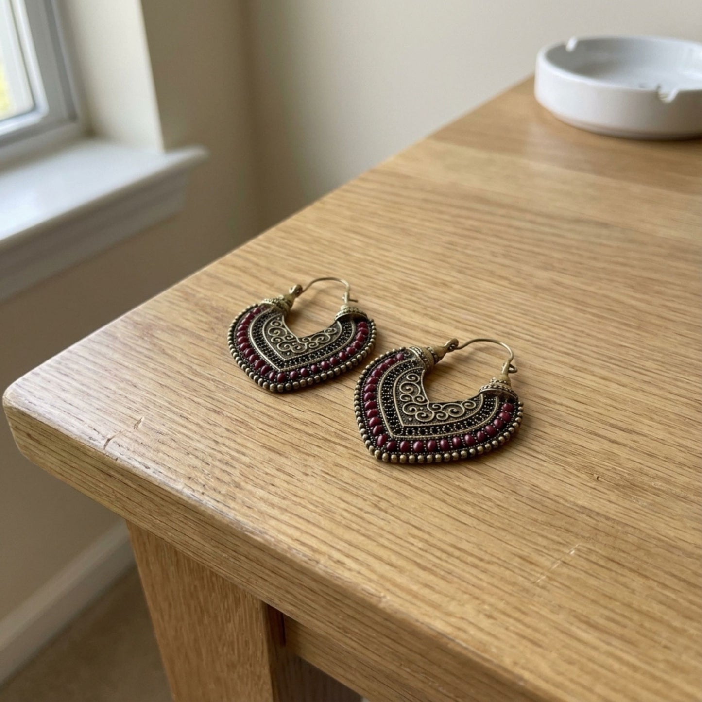 Vintage Gold & Red Tribal Hoop Earrings