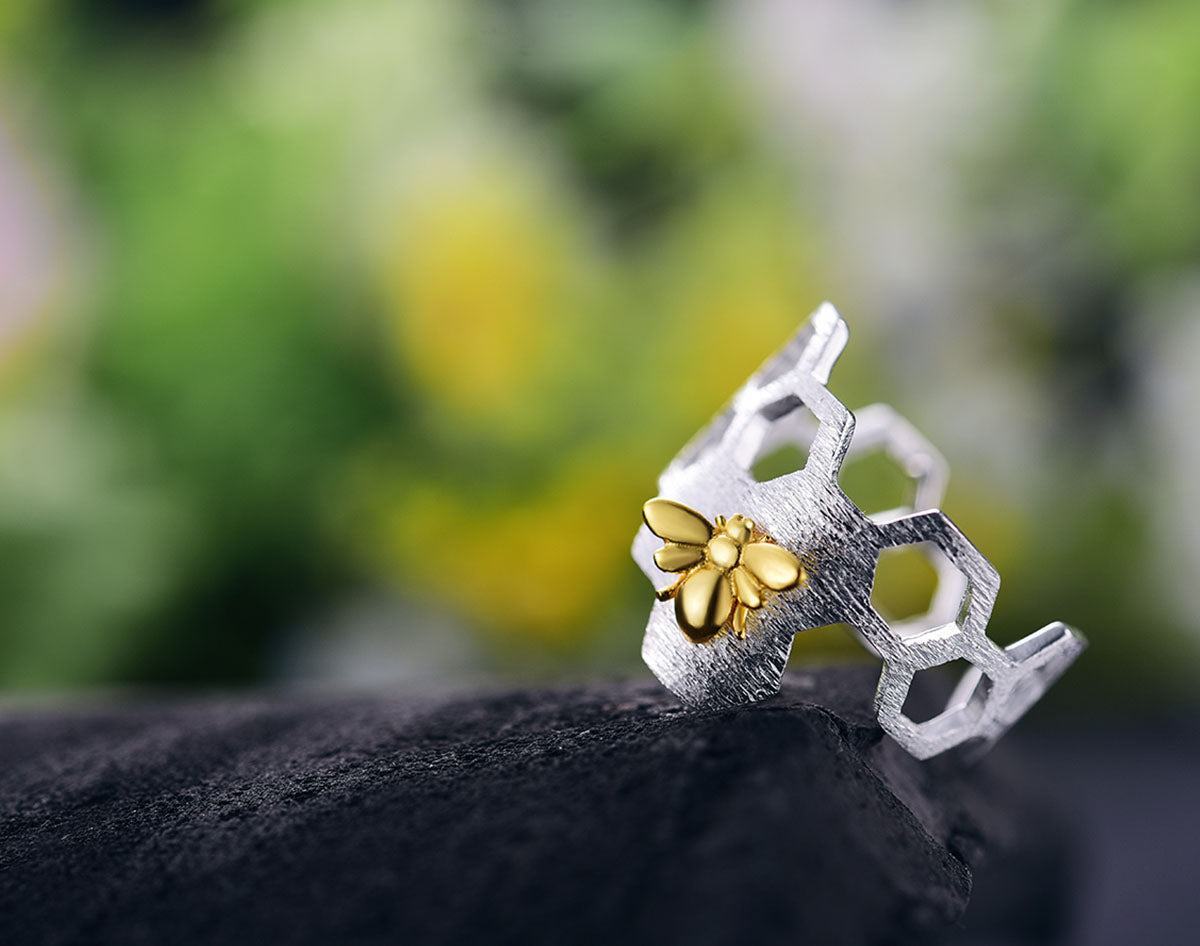 Adjustable 18K Gold Plated Honeycomb Ring