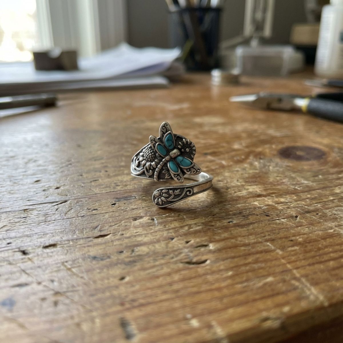 Sterling Silver Turquoise Spoon Ring – Vintage Boho Wrap Ring with Dragonfly