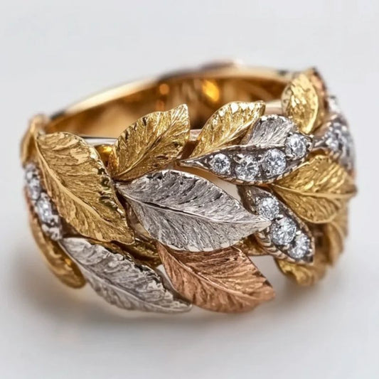 Vintage Wide Band Gold & Silver Leaf Ring