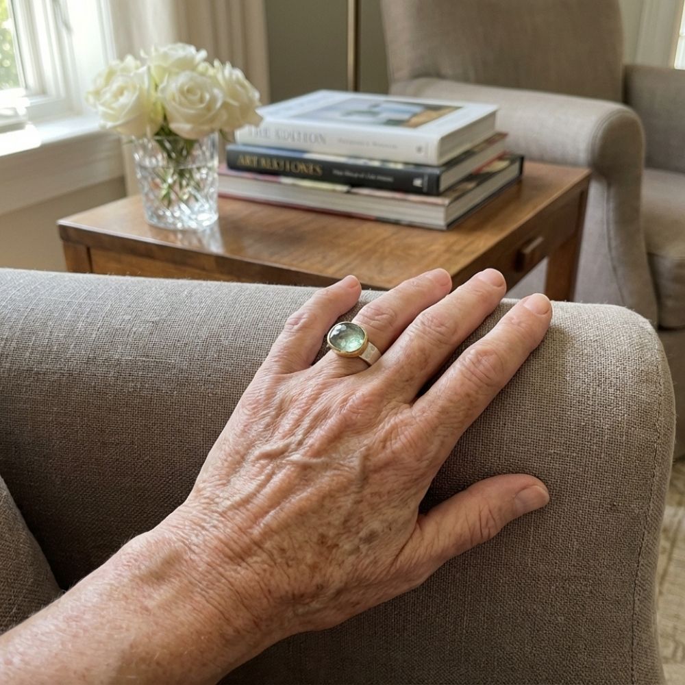 Vintage Green Glass Gold & Silver Forged Ring