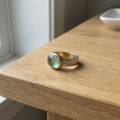 Vintage Green Glass Gold & Silver Forged Ring
