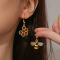 Gold Honeycomb & Bee Drop Earrings
