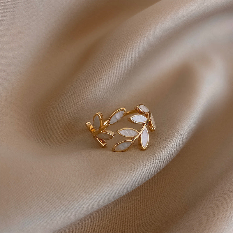 White Opal Leaf Adjustable Ring in Gold-Lydieannejewelry