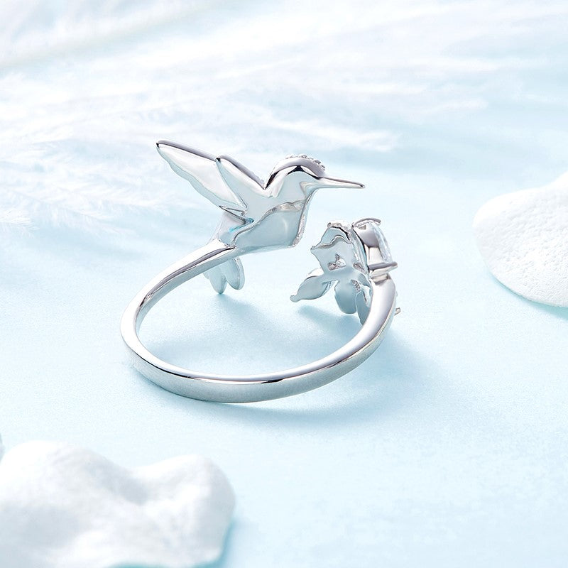 Adjustable Hummingbird Sparkle Ring with Rhinestone Diamond