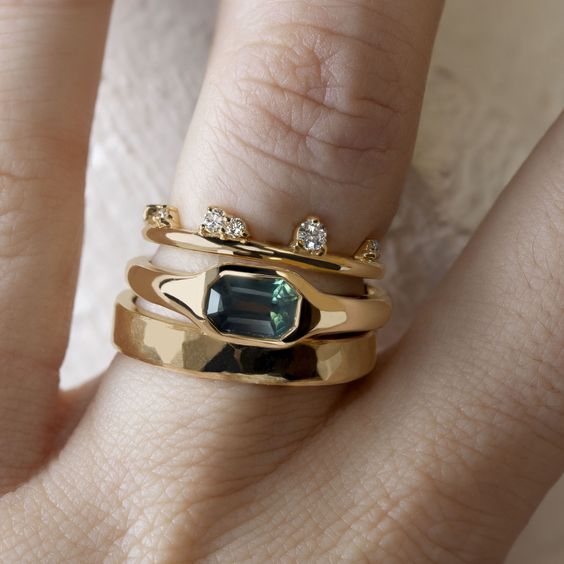 Vintage Gold Green Glass Ring Set