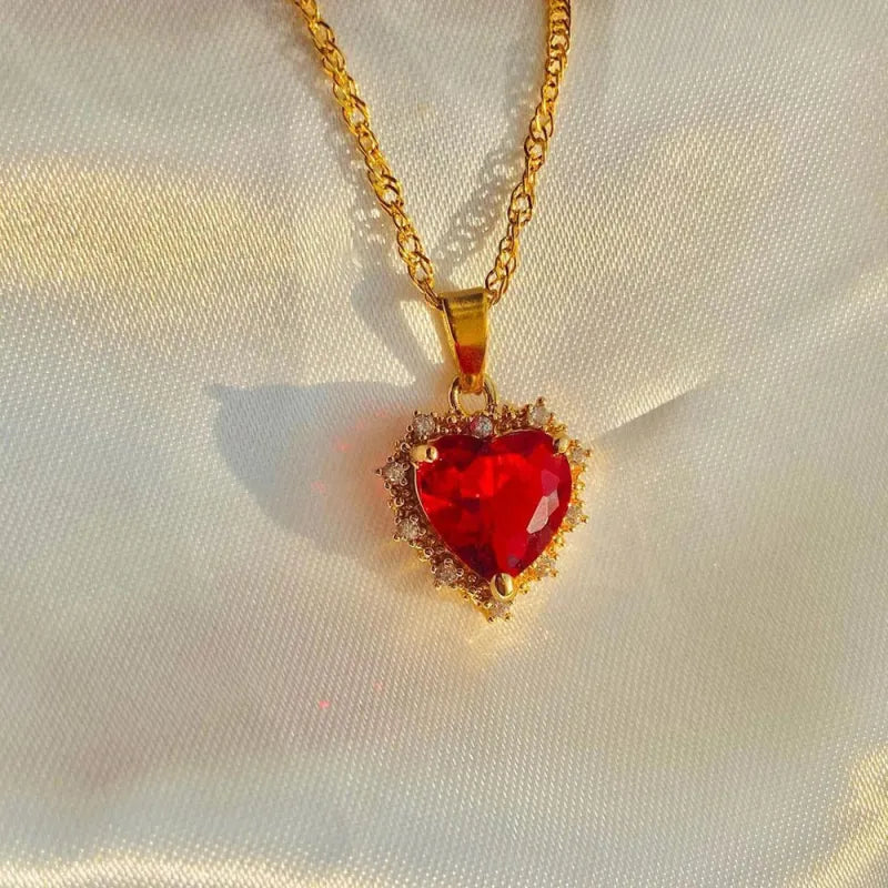 Gold Heart Pendant Necklace with Colorful Rhinestones