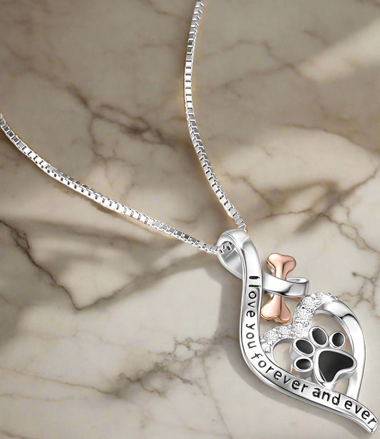 Lucky Paw Necklace with Heart, Bone & Infinity – “Always in My Heart” Pendant
