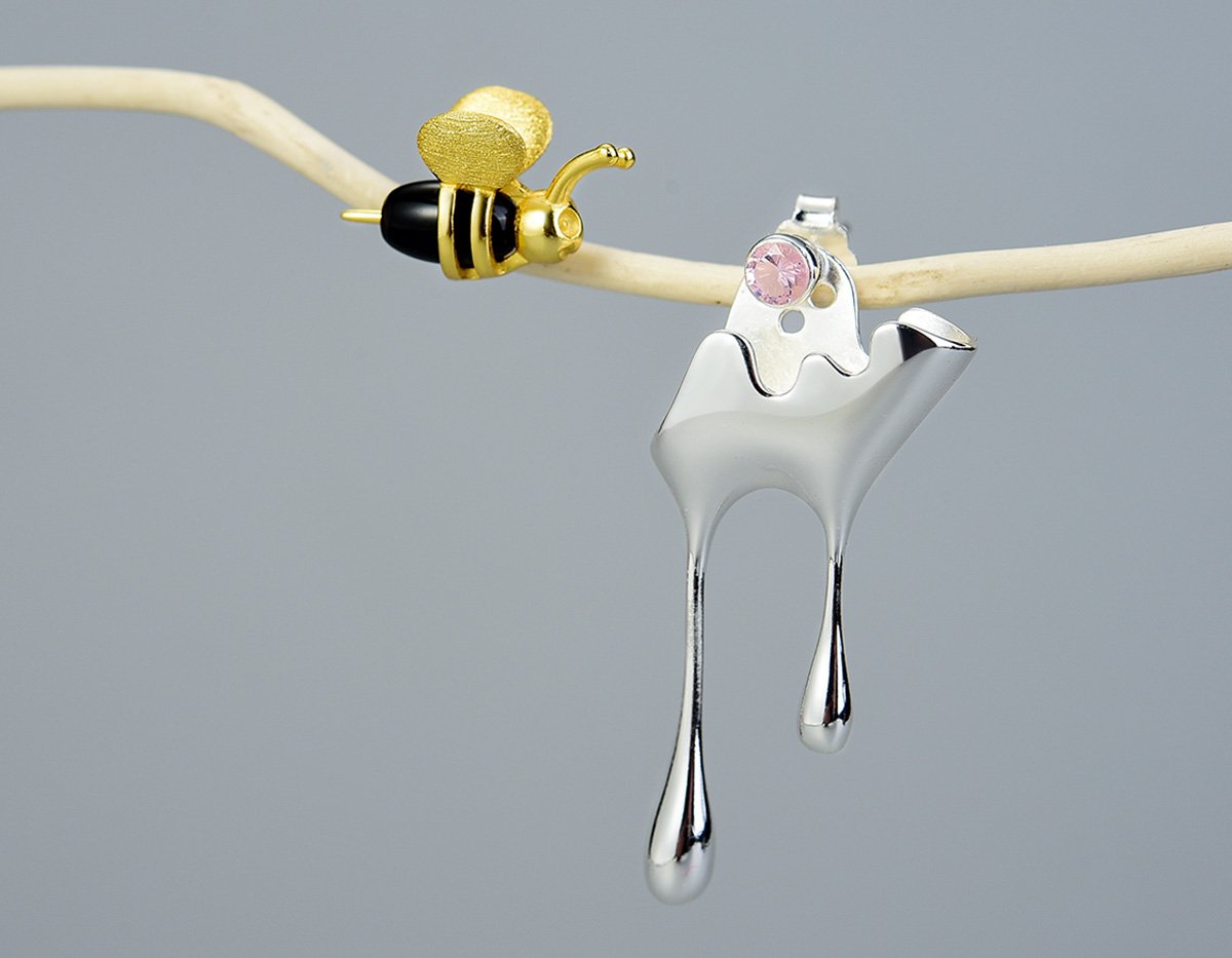Dripping Honey & Bee Earrings with Zirconia