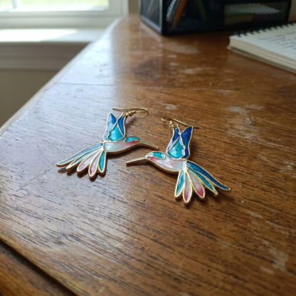 Vintage Blue Enamel Hummingbird Earrings