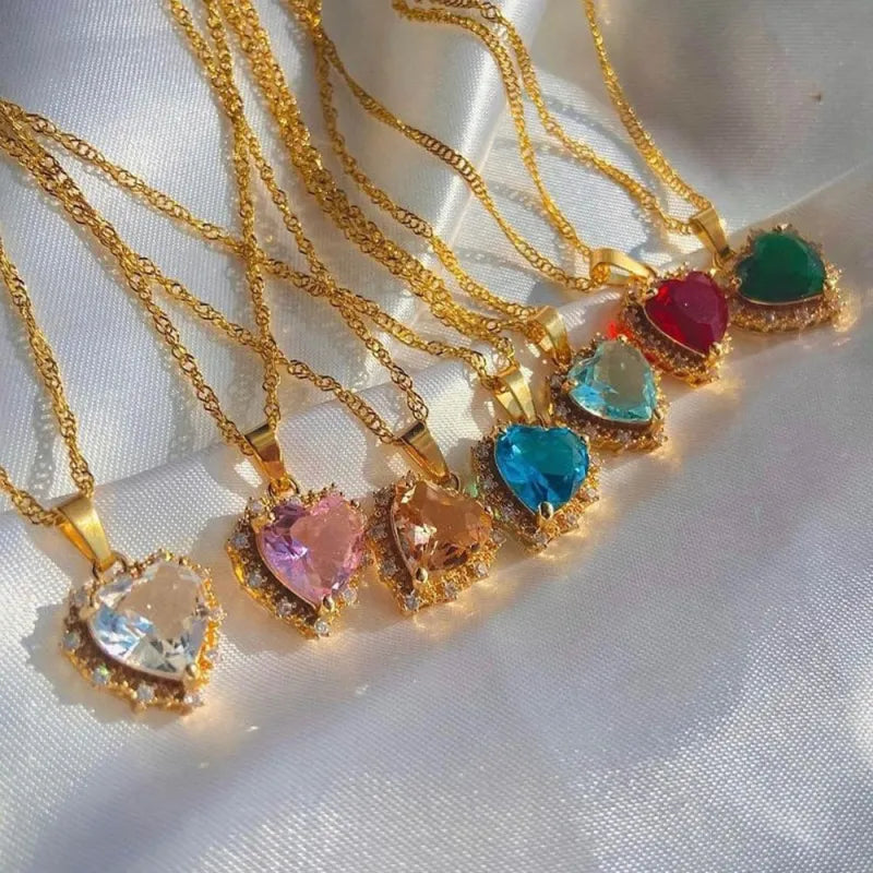 Gold Heart Pendant Necklace with Colorful Rhinestones