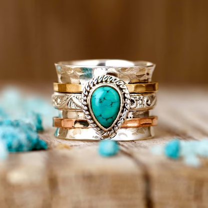 Vintage Turquoise Inlaid Stone Gold & Silver Ring