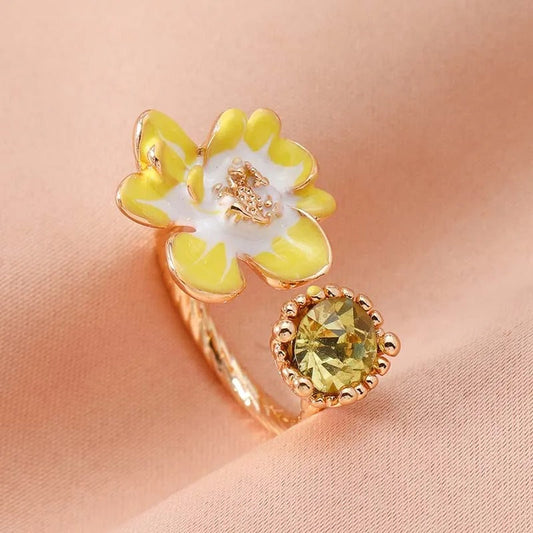 Vintage Yellow Floral Design & Golden Gemstone Open Ring-Lydieannejewelry