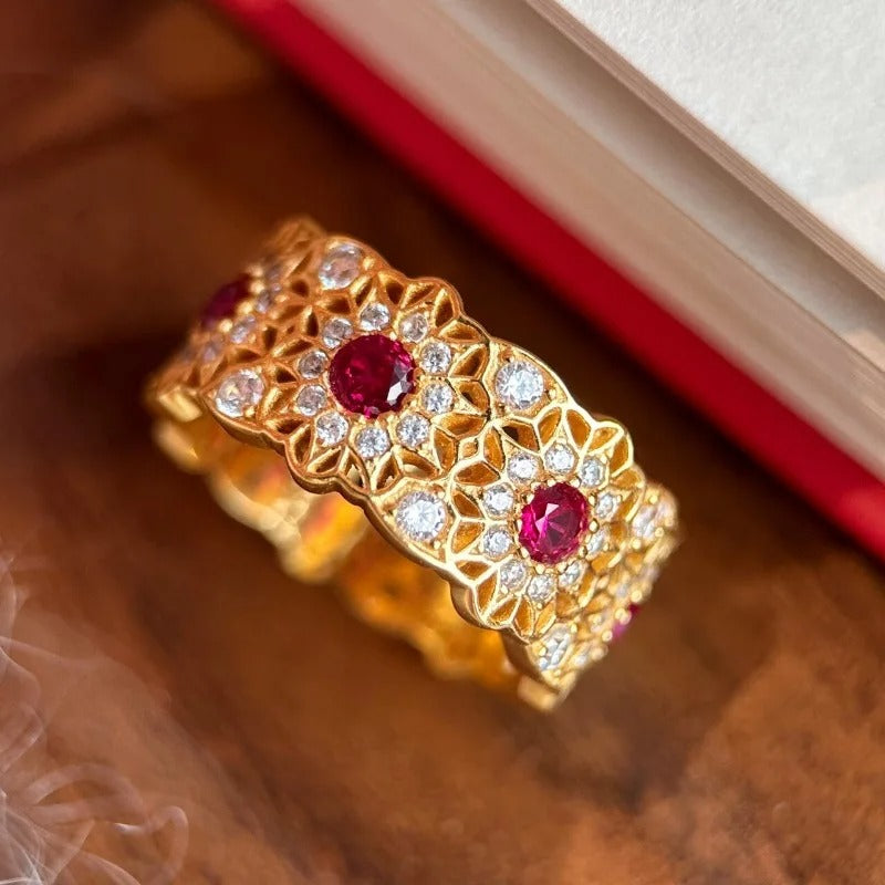 Classic Gold & Micro Inlay Ruby Sunflower Adjustable Ring-Lydieannejewelry