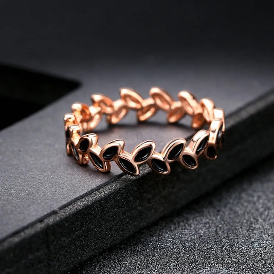 Rose Gold Leaf Motif & Black Accent Ring-Lydieannejewelry
