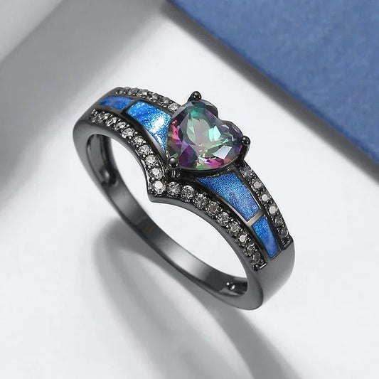 Black Heart-Shaped Gem & Blue Enamel Ring-Lydieannejewelry