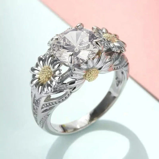Vintage Yellow Sunflower & Silver Ring-Lydieannejewelry