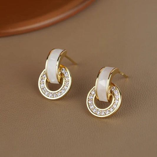 Gold & White Sparkling Crystal Hoop Earrings-Lydieannejewelry
