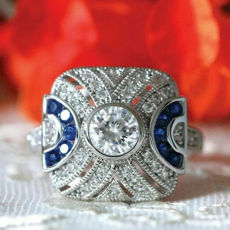 Vintage Blue & Crystal Silver Ring-Lydieannejewelry