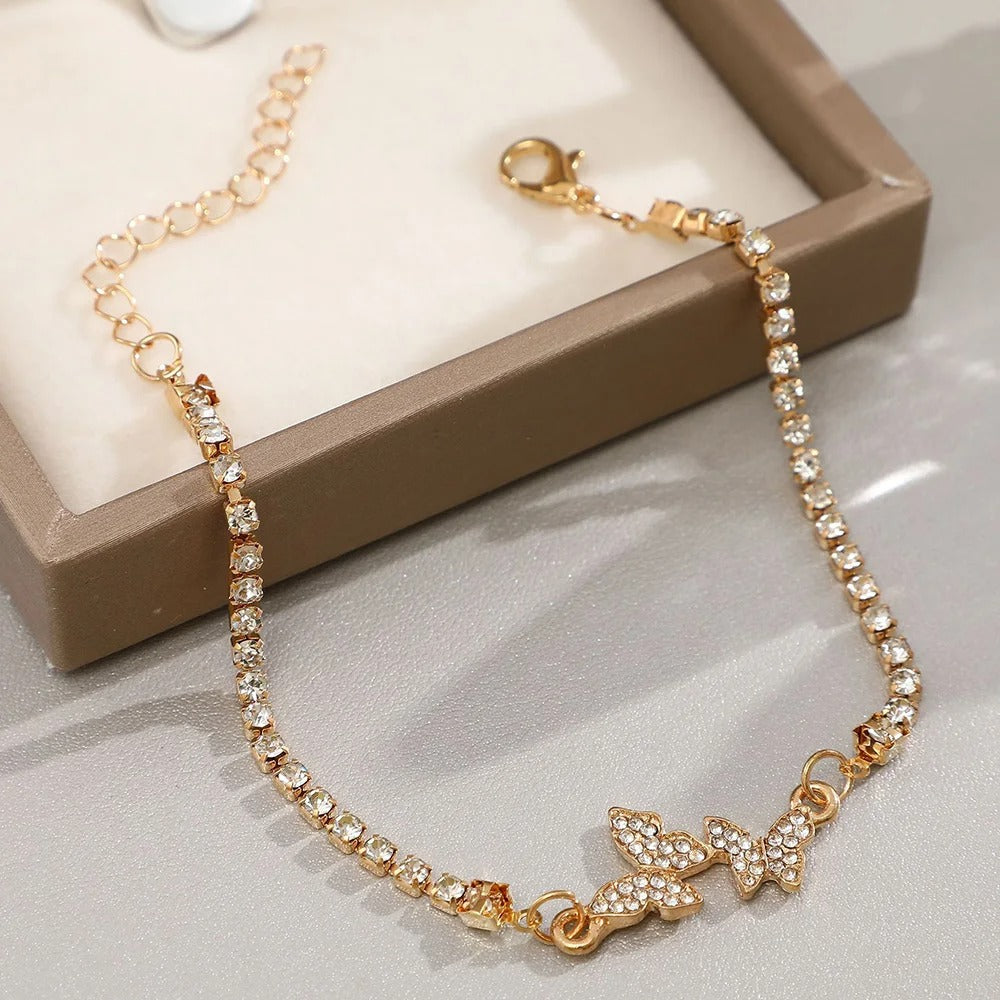 Classic Gold Crystal-Studded Butterfly Link Bracelet-Lydieannejewelry