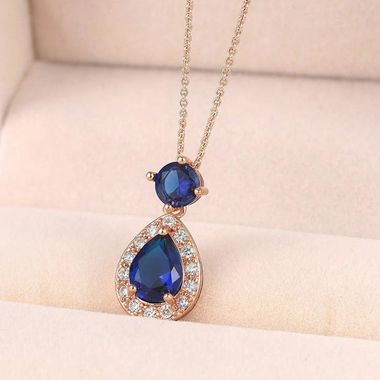 Antique Style Rose Gold Blue Oval Gem & Teardrop Pendant Necklace-Lydieannejewelry
