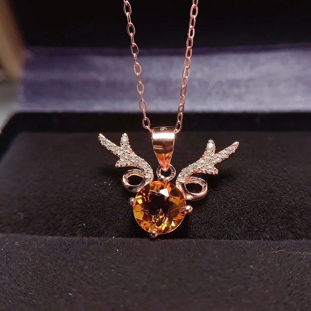 Classic Rose Gold Sparkling Wing & Yellow Gemstone Necklace-Lydieannejewelry