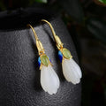 Classic Gold & White Flower Green Stone Dangle Earrings