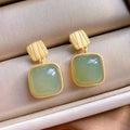 Gold Square Green Gemstone Earrings