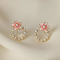 Gold Pink Flower Stud Earrings