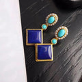 Retro Gold & Lapis Square Blue Gemstone Dangle Earrings