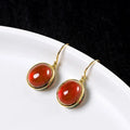 Vintage Gold & Red Oval Gemstone Ruby Drop Earrings