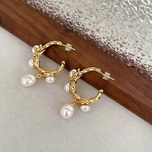 Antique Style Gold Hoop Freshwater Pearl Charm Earrings-Lydieannejewelry