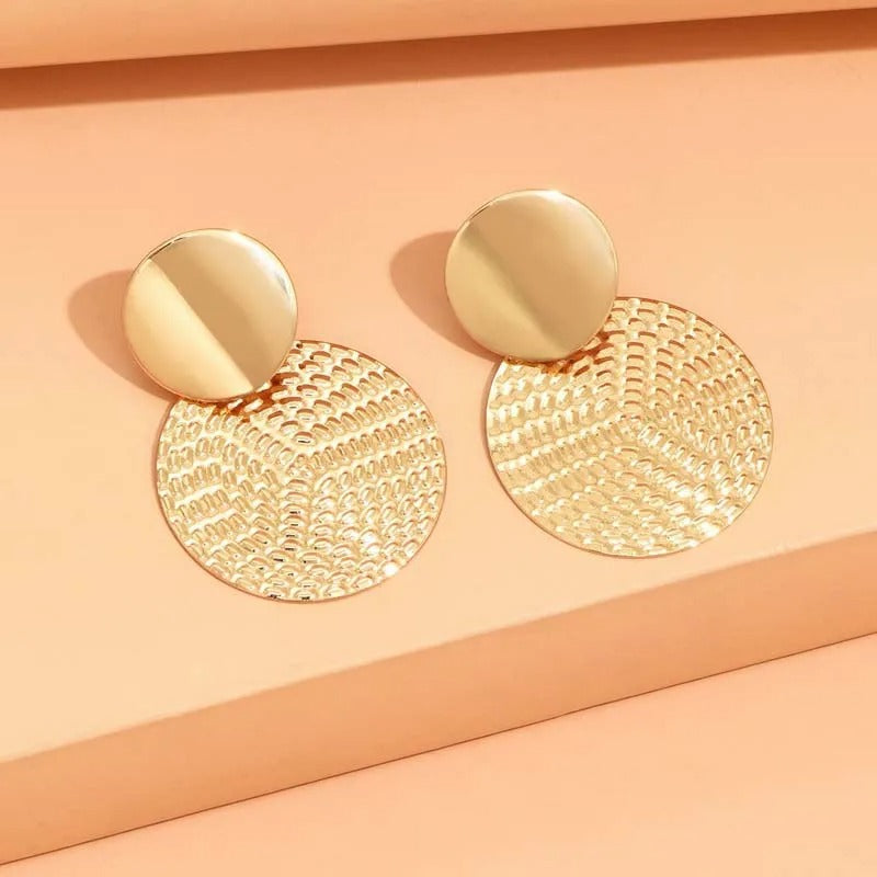 Bohemian Gold Textured Circle Pendant Earrings-Lydieannejewelry